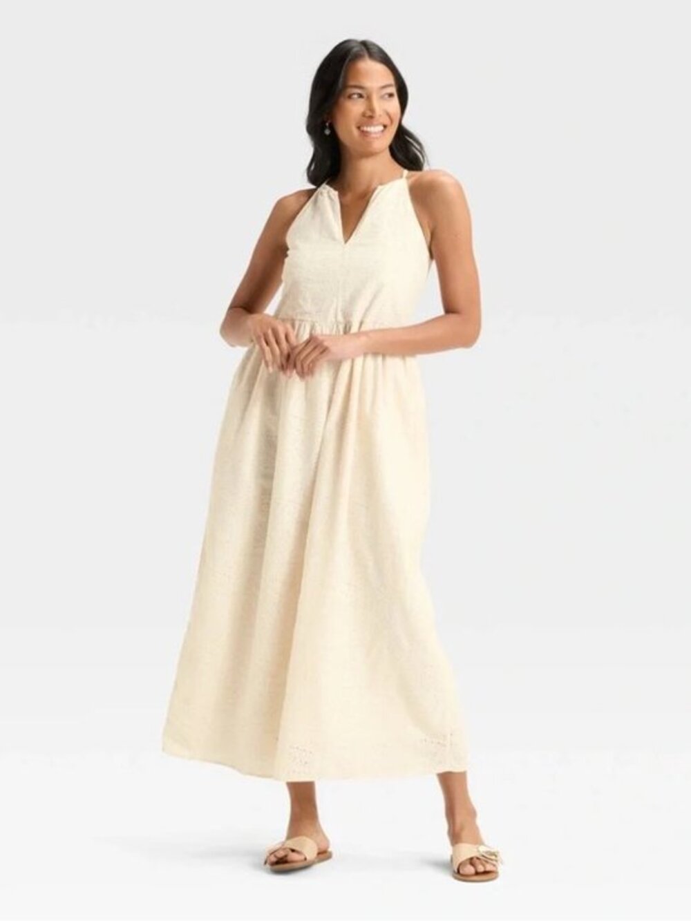Universal Thread Eyelet Halter Maxi Dress Seashell Embroidery Cotton Coastal XS